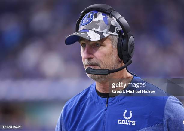 Head coach Frank Reich of Indianapolis Colts is seen during the second half against the Detroit Lions at Lucas Oil Stadium on August 20, 2022 in...