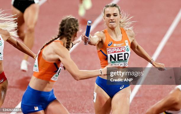 Lisanne de Witte and Femke Bol in action during the final 4x400 meter relay on the tenth day of the Multi-European Championship. The German city of...