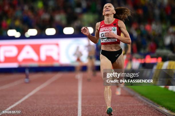 Albania's Luiza Gega celebrates winning gold in the women's 3000m Steeplechase final during the European Athletics Championships at the Olympic...