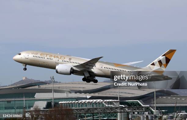 Boeing 787-9 Dreamliner, from Etihad Airways company, taking off from the Barcelona airport, in Barcelona on 22th february 2022. Photo: Joan...