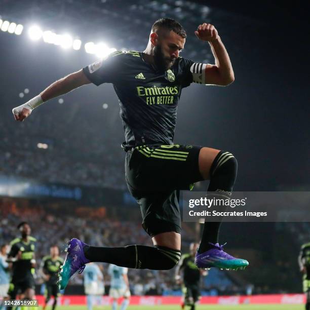 Karim Benzema of Real Madrid celebrating 0-1 during the La Liga Santander match between Celta de Vigo v Real Madrid at the Estadio Municipal de...