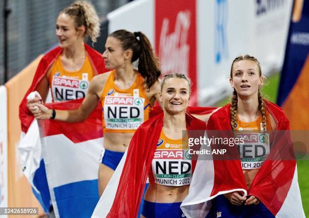 Femke Bol , Lisanne de Witte, Eveline Saalberg and Lieke Klaver in action during the final 4x400 meter relay on the tenth day of the Multi-European...