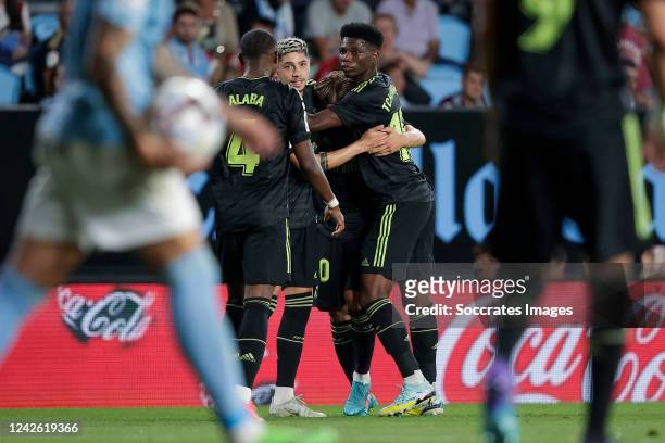 Luka Modric of Real Madrid celebrating 1-2 with David Alaba of Real Madrid, Fede Valverde of Real Madrid, Aurelien Tchouameni of Real Madrid during...