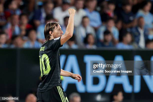 Luka Modric of Real Madrid celebrating 1-2 during the La Liga Santander match between Celta de Vigo v Real Madrid at the Estadio Municipal de...