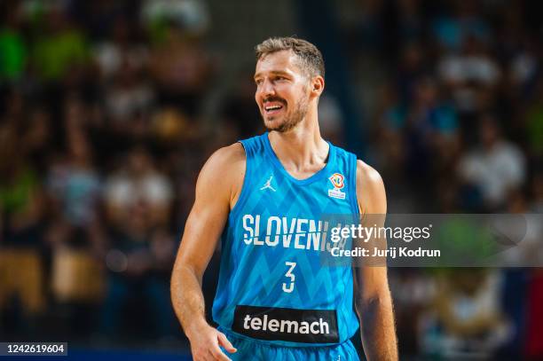 Goran Dragic of Slovenia reacts during the basketball friendly match between Slovenia and Croatia in Dvorak Zlatorog hall on August 20, 2022 in...