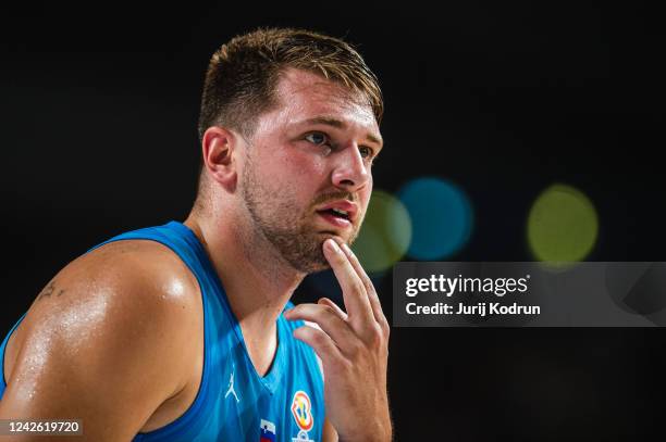 Luka Doncic of Slovenia looks on during the basketball friendly match between Slovenia and Croatia in Dvorak Zlatorog hall on August 20, 2022 in...