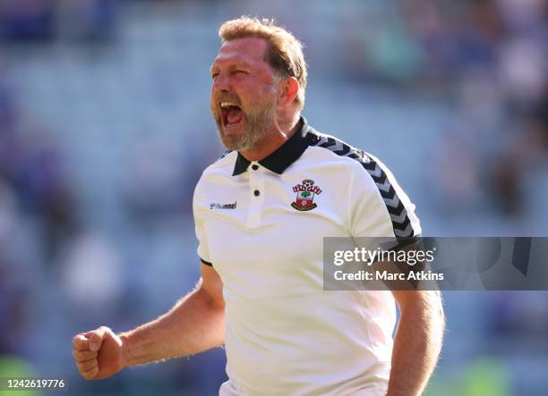 Ralph Hasenhuttl manager of Southampton celebrates during the Premier League match between Leicester City and Southampton FC at The King Power...