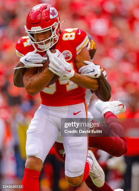Justin Watson of the Kansas City Chiefs catches a first quarter pass against the Washington Commanders at Arrowhead Stadium on August 20, 2022 in...