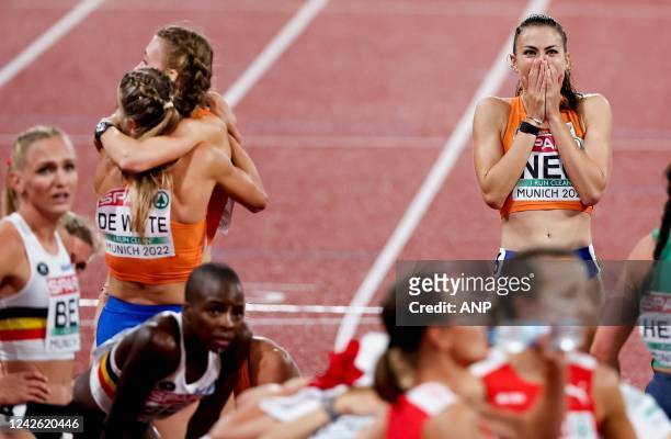 Eveline Saalberg and Lisanne de Witte with Femke Bol in action during the final 4x400 meter relay on the tenth day of the Multi-European...