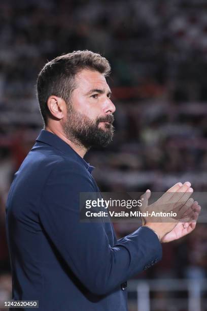 The coach of the Rapid Bucharest team, Adrian Mutu reacts during the game between Rapid Bucuresti and UTA Arad, Round 6 of Liga 1 Romania at Rapid...