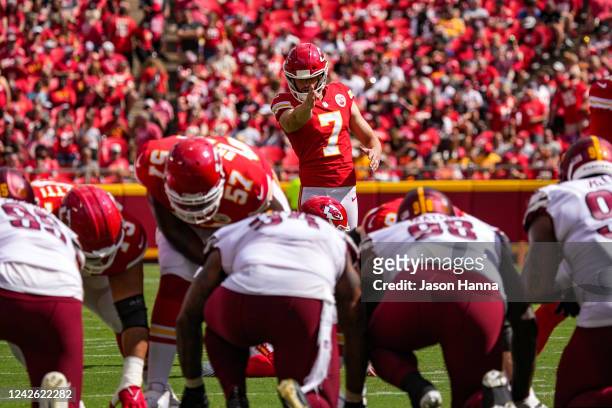 Harrison Butker of the Kansas City Chiefs lines up an extra point during the second quarter of the game against the Washington Commanders at...