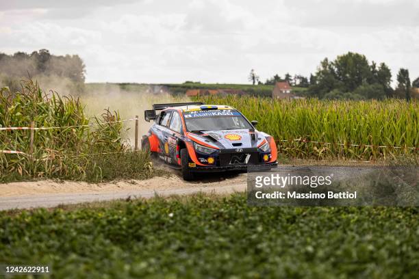 Oliver Solberg of Sweden and Elliott Edmondson of Great Britain are competing with their Hyundai Shell Mobis WRT Hyundai i20 N Rally1 Hybrid during...