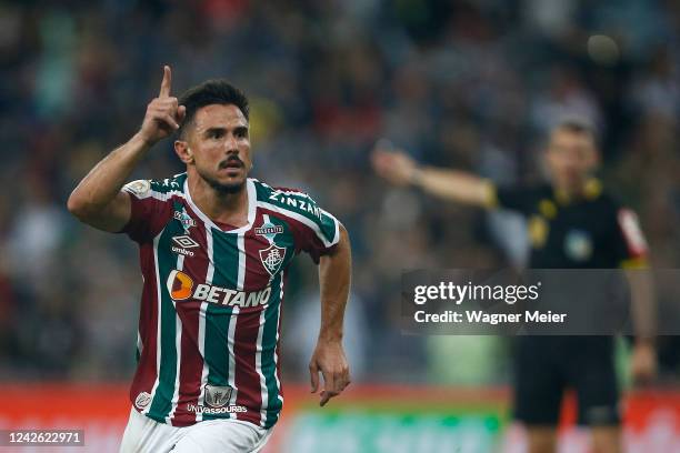 Willian Bigode of Fluminense celebrates after scoring the fifth goal of his team during the match between Fluminense and Coritiba as part of...