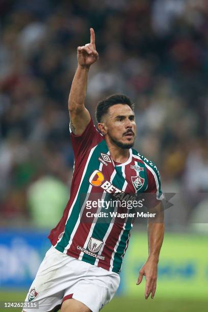 Willian Bigode of Fluminense celebrates after scoring the fourth goal of his team during the match between Fluminense and Coritiba as part of...