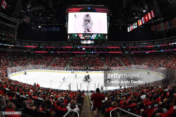 View of the arena at the opening face off between Canada and Finland at the IIHF World Junior Championship on August 20, 2022 at Rogers Place in...