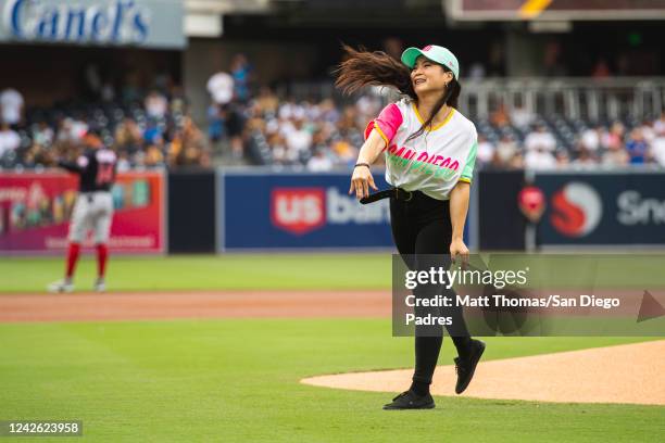 Actress Kelly Marie Tran throws out the ceremonial first pitch before the San Diego Padres face against the Washington Nationals at the PETCO Park on...