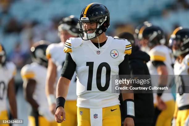 Mitch Trubisky of the Pittsburgh Steelers looks on before the game against the Jacksonville Jaguars at TIAA Bank Field on August 20, 2022 in...