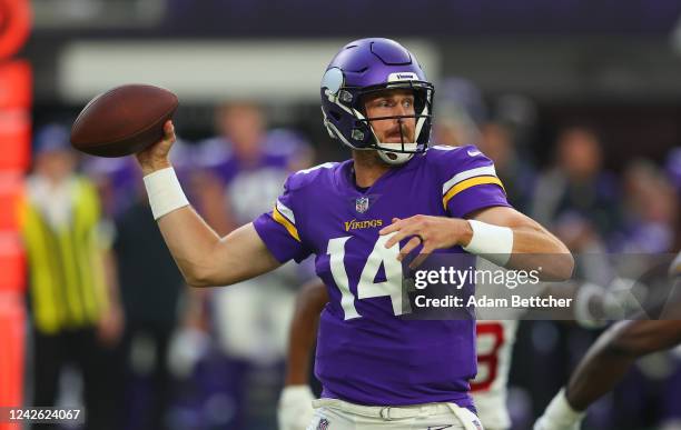 Sean Mannion of the Minnesota Vikings throws the ball in the first half of a preseason game against the San Francisco 49ers at U.S Bank Stadium on...