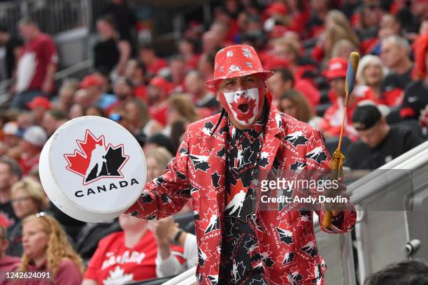 Fan of Canada bangs a drum during the game against Finland in the IIHF World Junior Championship on August 20, 2022 at Rogers Place in Edmonton,...
