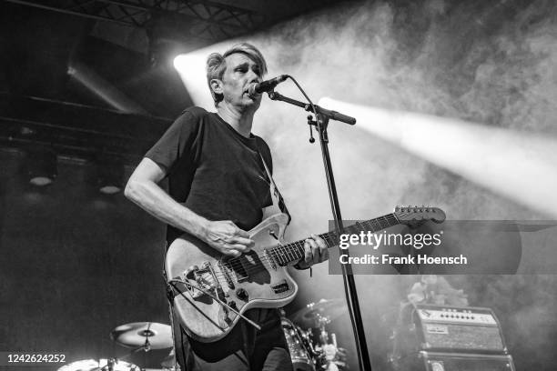 Singer Dirk von Lowtzow of the German band Tocotronic performs live on stage during a concert at the Columbiahalle on August 20, 2022 in Berlin,...