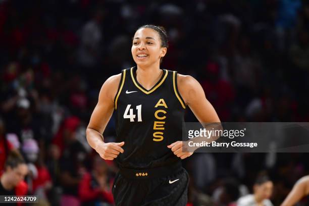Kiah Stokes of the Las Vegas Aces runs on to the court during Round 1 Game 2 of the 2022 WNBA Playoffs on August 20, 2022 at Michelob ULTRA Arena in...
