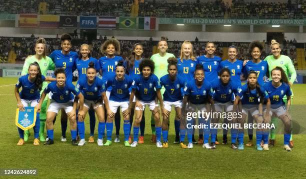 Brazil's players pose for a picture before their Women's U-20 World Cup quarter final football match against Colombia at the National stadium in San...