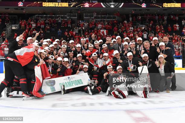 Team Canada poses with the trophy after winning the IIHF World Junior Championship on August 20, 2022 at Rogers Place in Edmonton, Alberta, Canada
