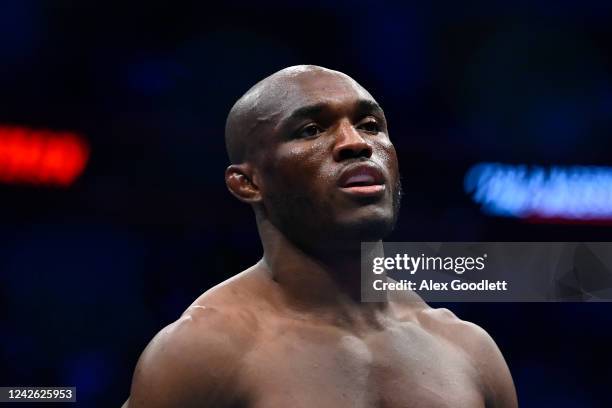 Kamaru Usman of Nigeria looks on before a welterweight title bout against Leon Edwards of Jamaica during UFC 278 at Vivint Arena on August 20, 2022...