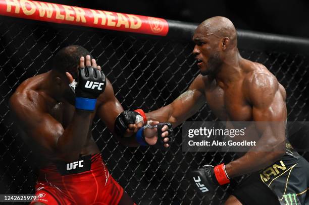 Kamaru Usman of Nigeria fights Leon Edwards of Jamaica in a welterweight title bout during UFC 278 at Vivint Arena on August 20, 2022 in Salt Lake...