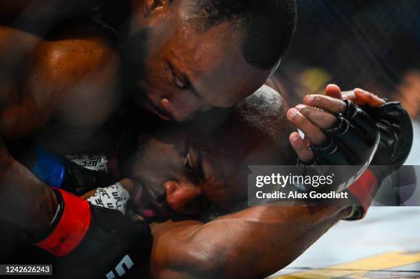 Kamaru Usman of Nigeria fights Leon Edwards of Jamaica in a welterweight title bout during UFC 278 at Vivint Arena on August 20, 2022 in Salt Lake...