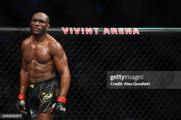 Kamaru Usman of Nigeria looks on in a welterweight title bout against Leon Edwards of Jamaica during UFC 278 at Vivint Arena on August 20, 2022 in...