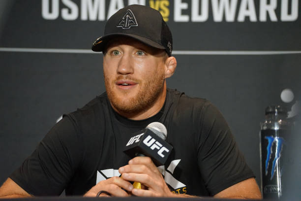 Guest fighter Justin Gaethje speaks to the media at UFC 278 on August 20 at the Vivint Smart Home Arena in Salt Lake City, UT.