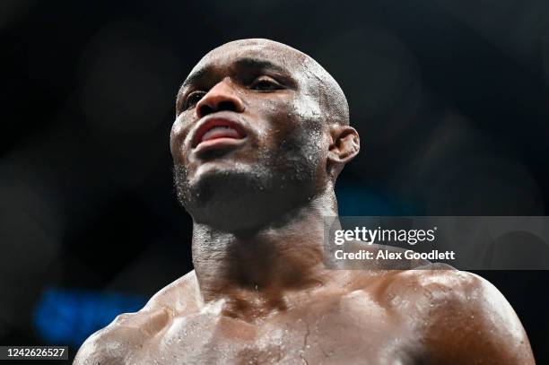 Kamaru Usman of Nigeria looks on in a welterweight title bout against Leon Edwards of Jamaica during UFC 278 at Vivint Arena on August 20, 2022 in...