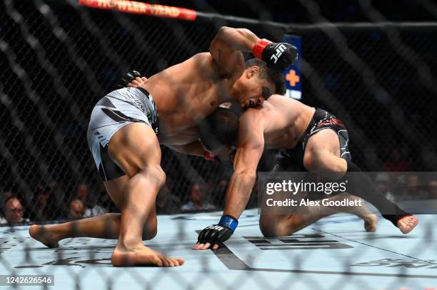 Paulo Costa of Brazil fights Luke Rockhold of the United States in a middleweight bout during UFC 278 at Vivint Arena on August 20, 2022 in Salt Lake...