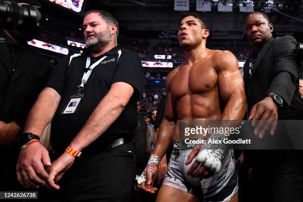 Paulo Costa of Brazil walks out after defeating Luke Rockhold of the United States in a middleweight bout during UFC 278 at Vivint Arena on August...