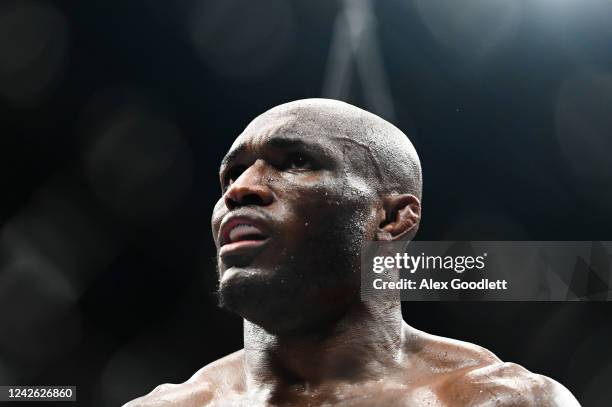 Kamaru Usman of Nigeria looks on in a welterweight title bout against Leon Edwards of Jamaica during UFC 278 at Vivint Arena on August 20, 2022 in...