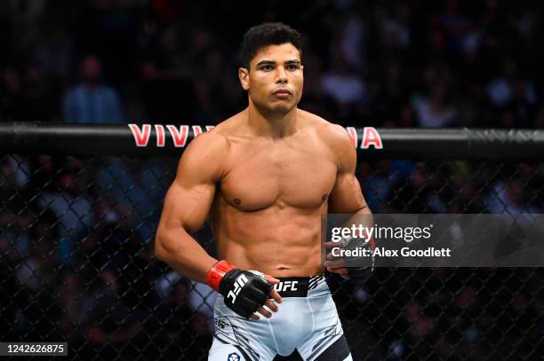 Paulo Costa of Brazil looks on in a middleweight bout against Luke Rockhold of the United States during UFC 278 at Vivint Arena on August 20, 2022 in...