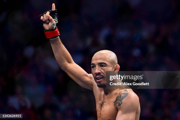 Jose Aldo of Brazil reacts after a bantamweight bout against Merab Dvalishvili of Georgia during UFC 278 at Vivint Arena on August 20, 2022 in Salt...