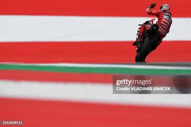 Ducati Lenovo's Italian rider Francesco Bagnaia rides during a warmup session of the MotoGP Austrian Grand Prix at the Redbull Ring racetrack in...