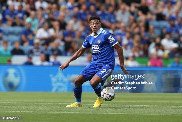 Leicester City's James Justin during the Premier League match between Leicester City and Southampton FC at The King Power Stadium on August 20, 2022...