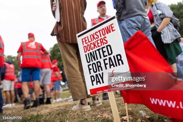 Unite union placard stuck in the ground during the first day of a strike at the Port of Felixstowe in Felixstowe, UK, on Sunday, Aug. 21, 2022....