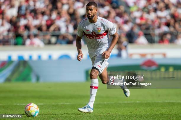 Josha Vagnoman of VfB Stuttgart controls the Ball during the Bundesliga match between VfB Stuttgart and Sport-Club Freiburg at Mercedes-Benz Arena on...