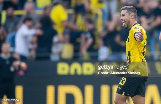 Raphael Guerreiro of Borussia Dortmund cheers after scoring his teams 2nd goal during the Bundesliga match between Borussia Dortmund and SV Werder...