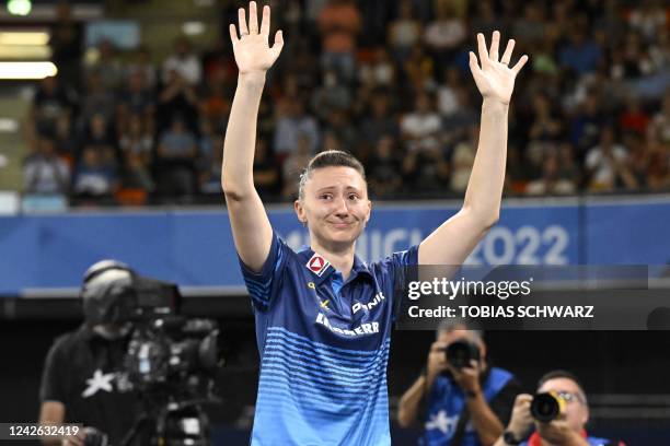 Austria's Sofia Polcanova reacts after winning the Women's Table Tennis final match at the European Championships Munich 2022 in Munich, southern...