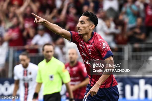 Clermont-Ferrand's Tunisian midfielder Saif-Eddine Khaoui celebrates after scoring his team's first goal during the French L1 football match between...