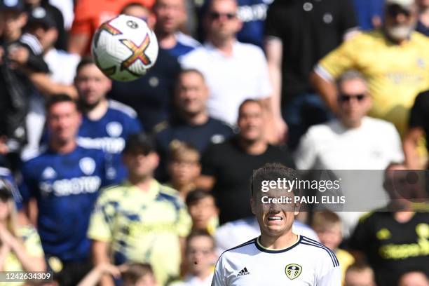 Leeds United's Welsh midfielder Daniel James eyes the ball during the English Premier League football match between Leeds United and Chelsea at...