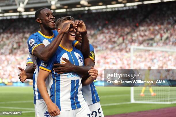 Leandro Trossard of Brighton & Hove Albion celebrates after scoring a goal to make it 0-2 during the Premier League match between West Ham United and...