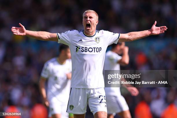 Rasmus Kristensen of Leeds United celebrates during the Premier League match between Leeds United and Chelsea FC at Elland Road on August 21, 2022 in...