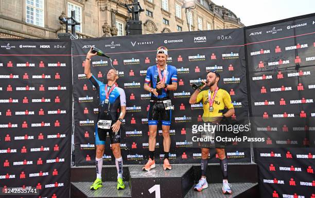 Benjamin Winkler of Germany , Lars Petter Stormo of Norway and Chris Weeks of the United Kingdom during the mens podium of the IRONMAN Copenhagen on...