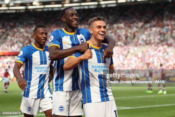 Leandro Trossard of Brighton & Hove Albion celebrates after scoring a goal to make it 0-2 during the Premier League match between West Ham United and...